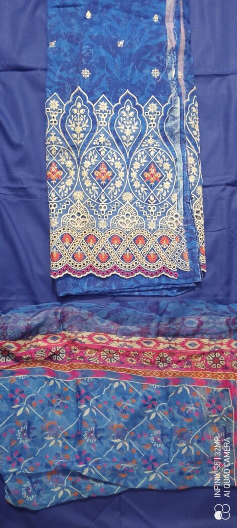 Humnasheen Luxury Royal Blue Embroidered 3-Piece Pure Lawn Suit