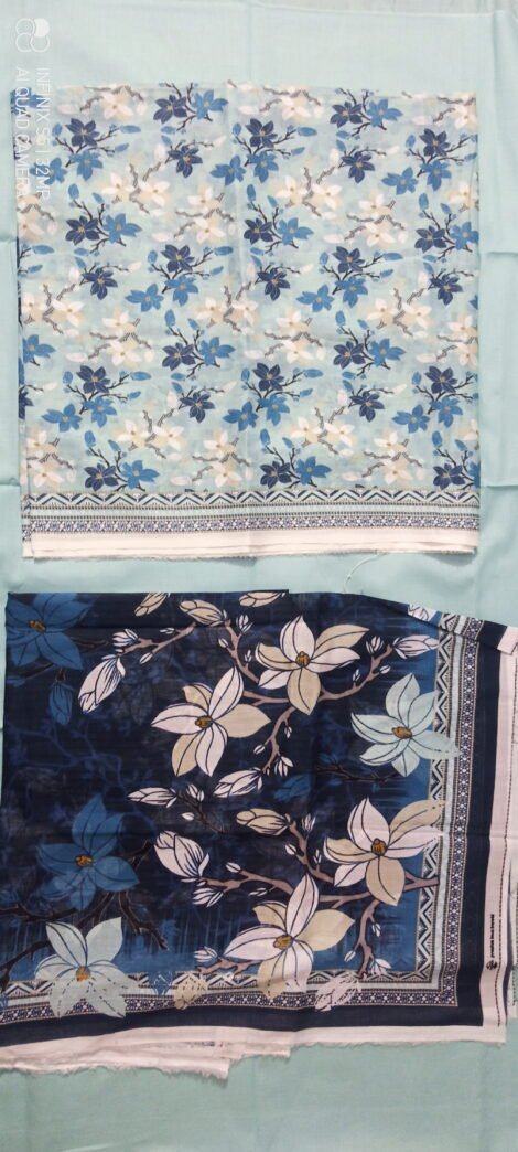 Humnasheen Premium Ice Blue & Navy Floral Printed 3-Piece Pure Lawn Suit